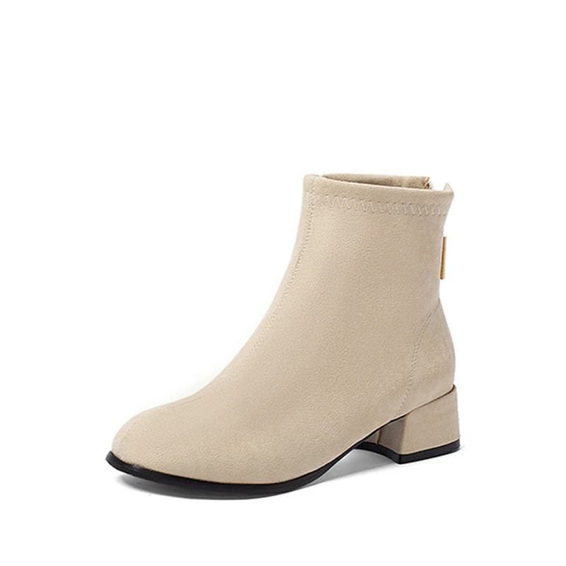 

winter Suede leather Back Zipper with round head for leisure Thick-heeled women's boots