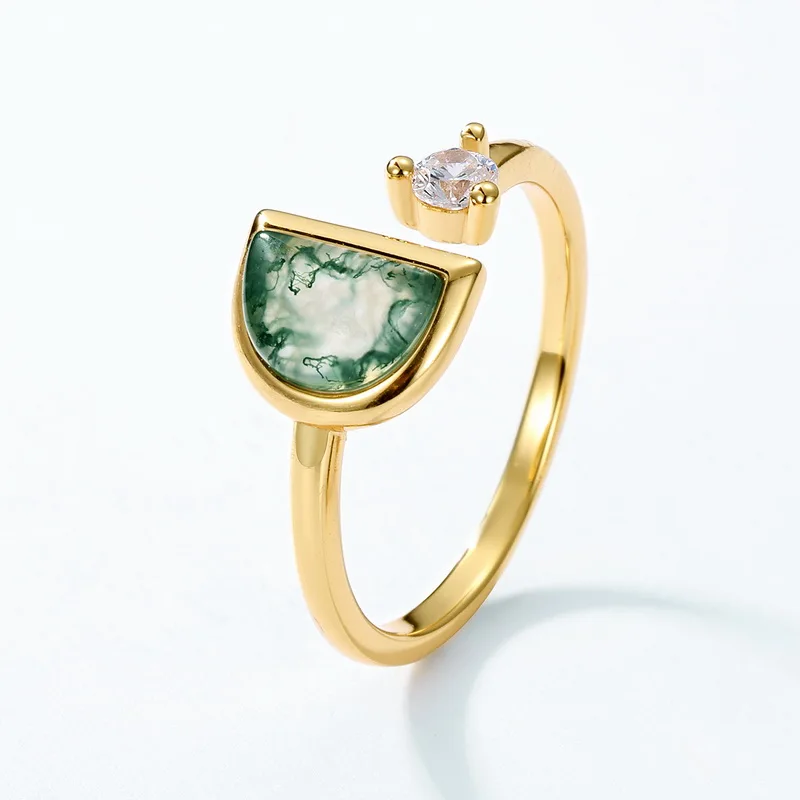 S925 Sterling Silver 14K Gold Plated Half Moon Green Moss Agate Open Ring CZ Accent Dainty Minimalist Cuff Ring for Women