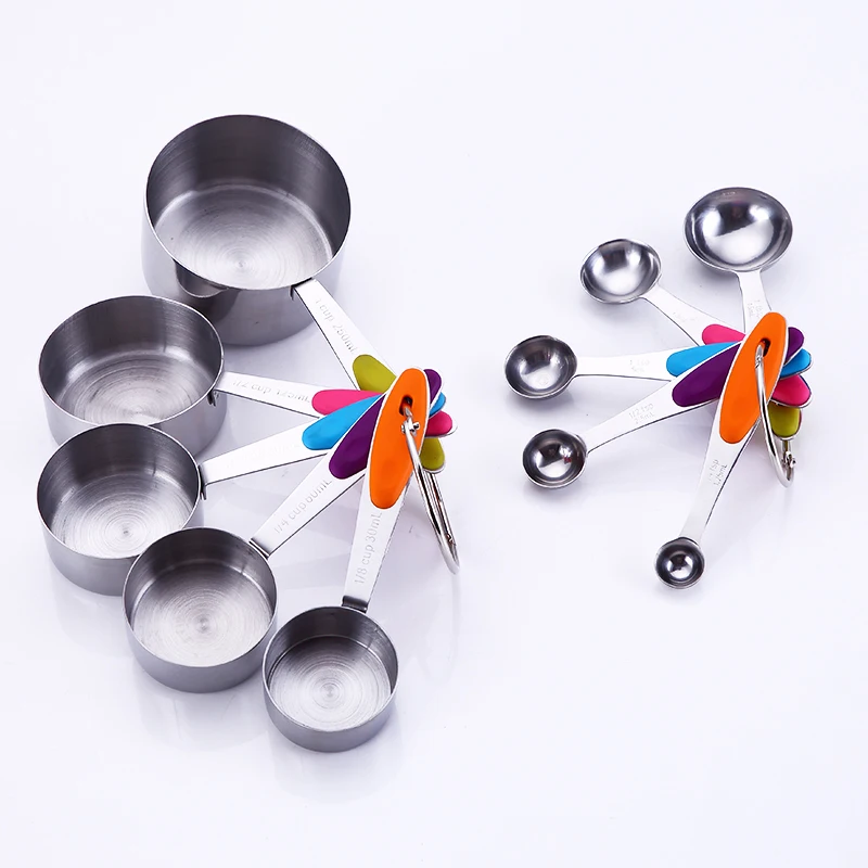 

Hot Selling Stainless Steel Colorful Measuring Cup Spoon 10pcs Set With Silicone Handle, Silver