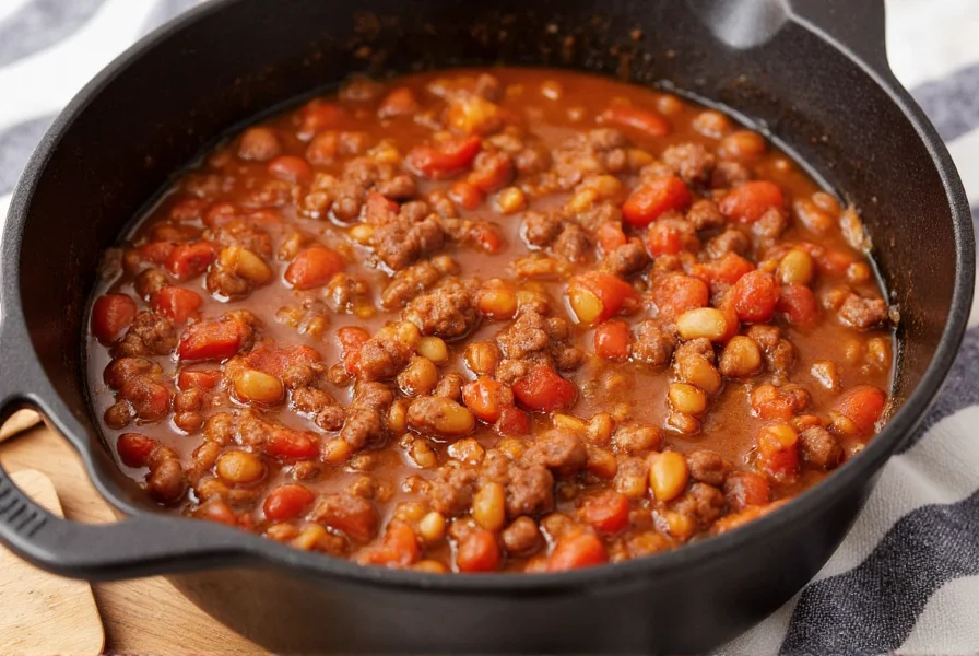 Texas-style beanless chili in cast iron pot with ground beef, tomatoes, and spices simmering