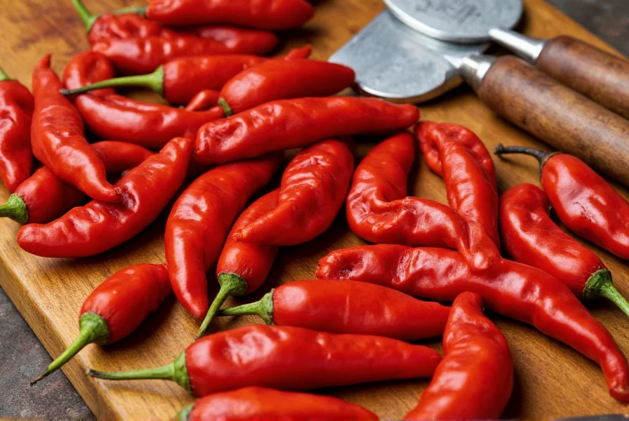 Close-up of authentic Spanish piquillo peppers arranged on wooden cutting board with traditional roasting tools