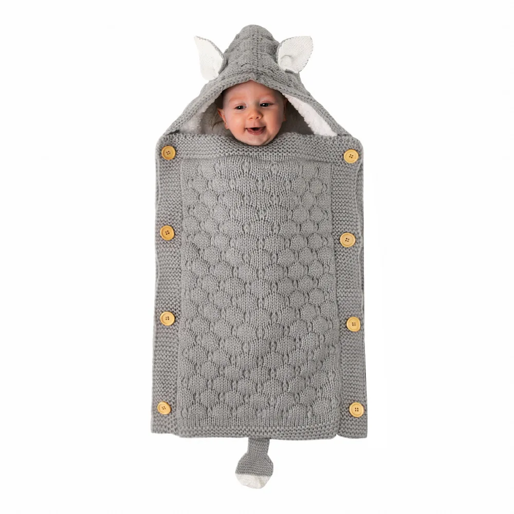

E932 Newborn Toddler Winter Outdoor Button Cotton Hooded Fleece Swaddle Stroller Cute Ear Tail Warm Down Knit Baby Sleeping Bag, 6 colors as pic