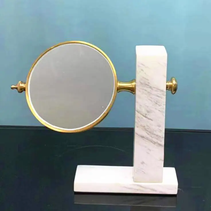 

White marble mirror stand Stone crafts tabletop mirror decor gold trim inlay gift