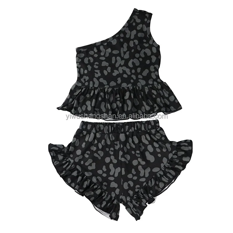 

New Style Baby Girls Lounge Clothing Sets Black Leopard Printed One Shoulder Sleeveless Ruffle Tops And Shorts 2 Piece Suits, As picture