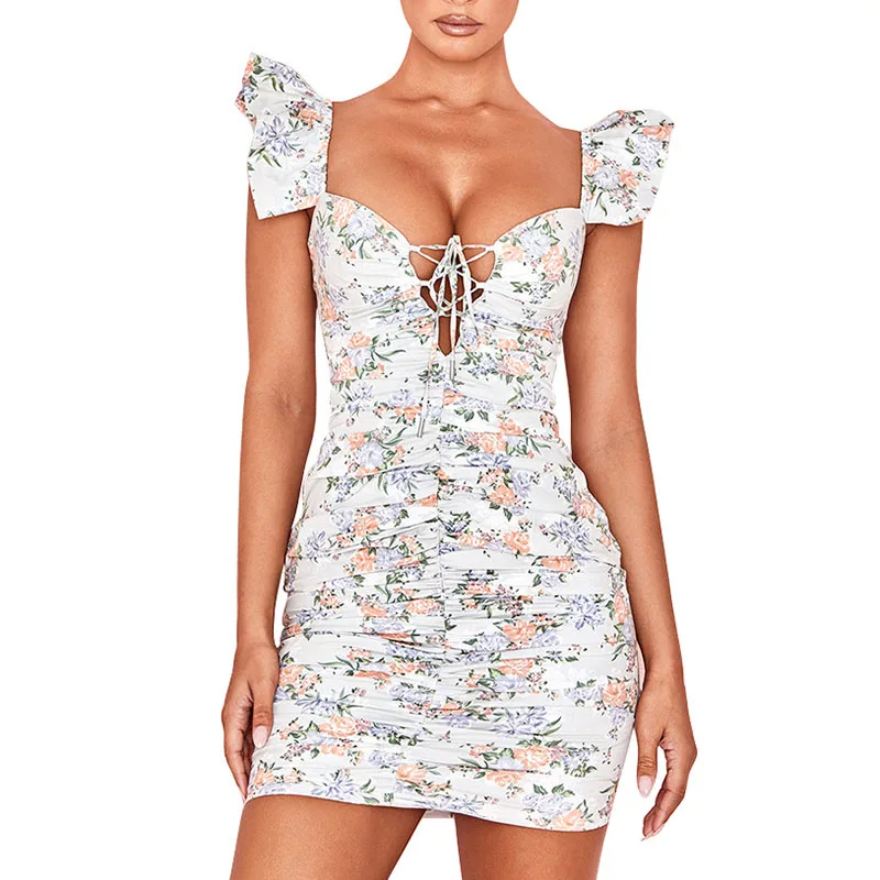 

Sexy Lace-Up Hollow Chest Flower Ruffle Flowar Girls' Bodycon Short Dress Elegant Casual Dresses Women Tops Fashionable Clothing, White