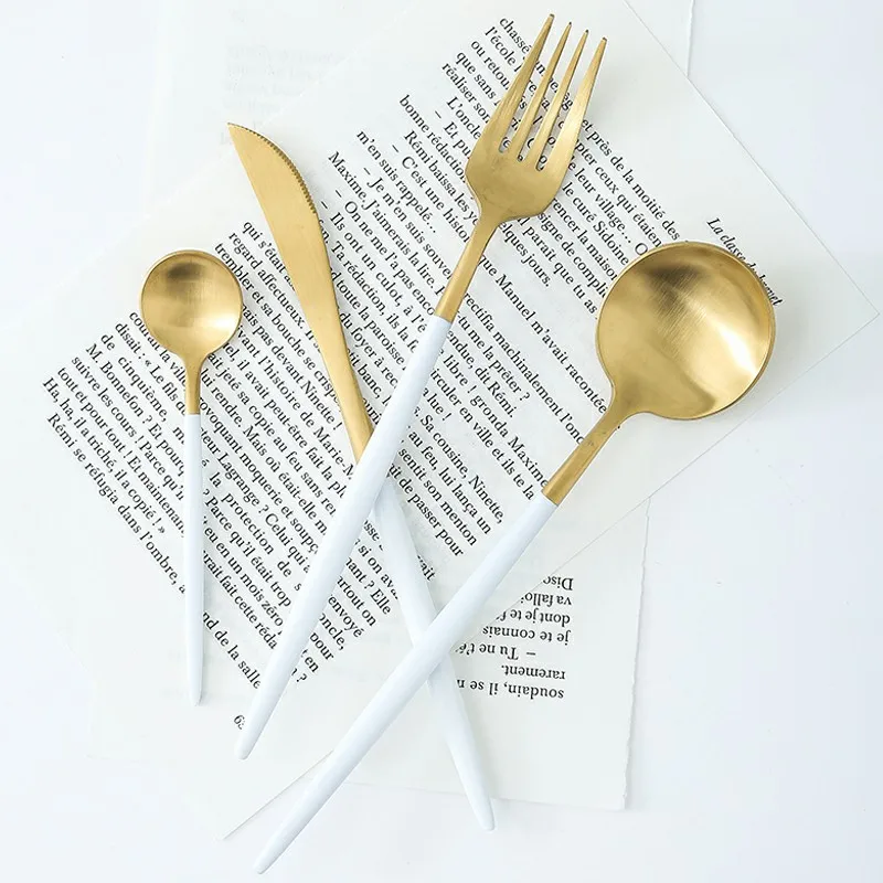 

Promotion Wedding Souvenirs PVD Stainless Steel Gold White Plated Cutlery Flatware Set, White&gold