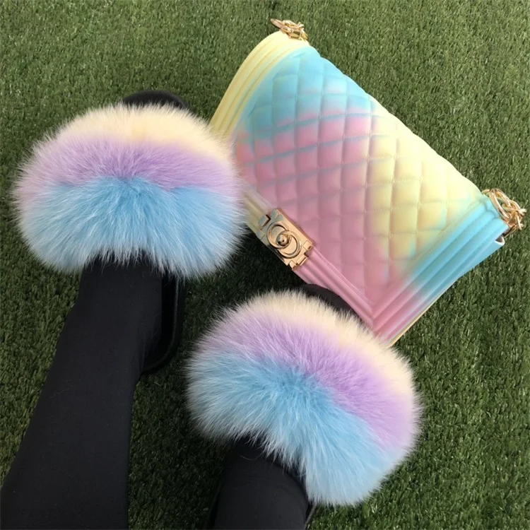 

Hot fashion colorful custom fur slippers set fur slippers match with jelly bags