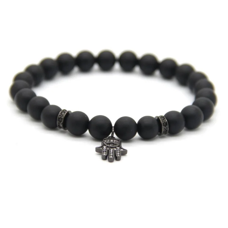 

wholesale amulet lucky charm bracelet hamsa hand matte black onxy bracelet, Picture