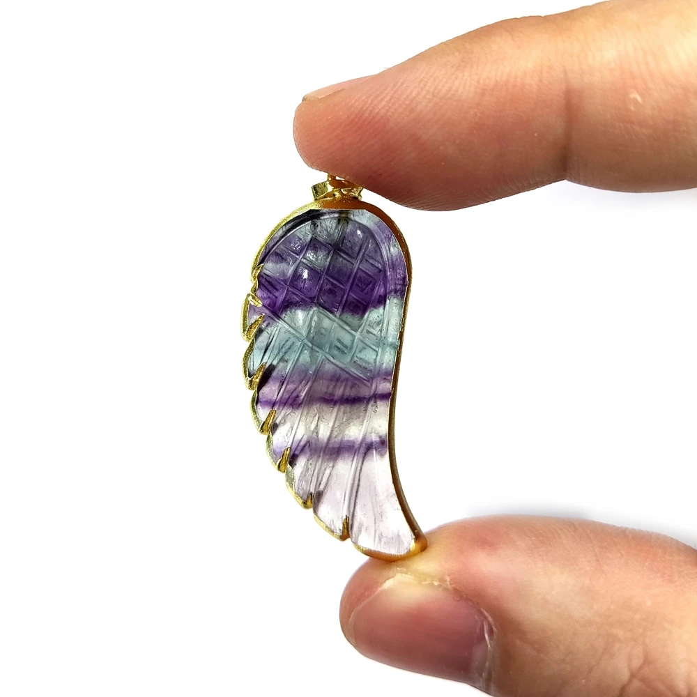 

Wholesale ODM Natural rainbow fluorite Crystal engrave hand carve Necklace Charm Personalized Gemstone Angel Wings Pendant, Multi color