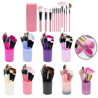 

beginner 12pcs Makeup Brush Set 8 Color Cosmetic Brush Kit Portable plastic bucket nylon hair makeup brush set, Show as picture or can customized