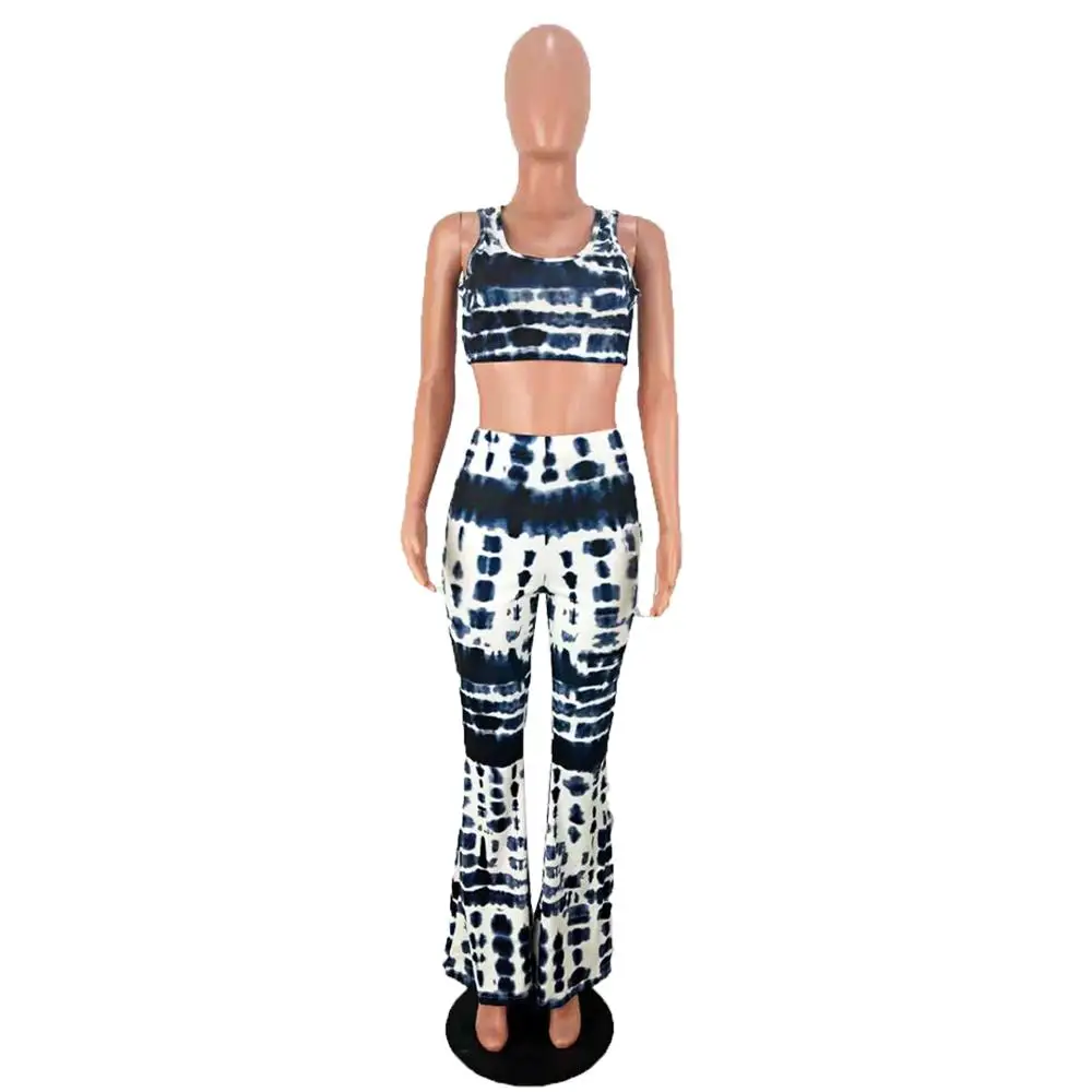 FM-K8027 2021 summer  print sexy crop tops and trumpet pants sweetwear  two piece sets
