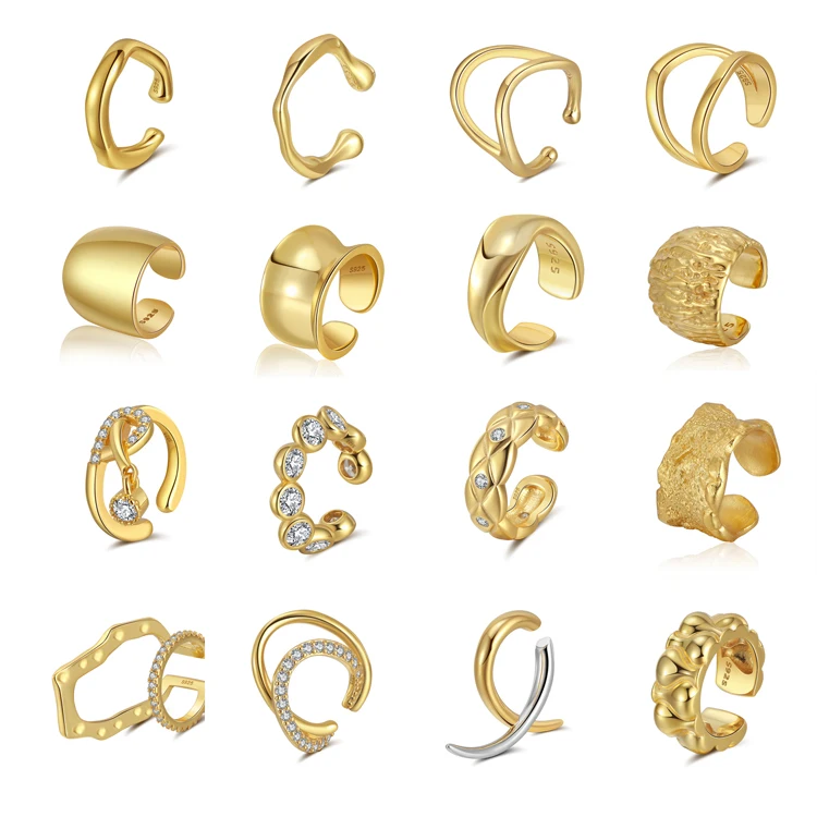 

RINNTIN CL Fashion 925 Silver Earrings Jewelry Non Pierced Clip On Cartilage Single huggie 14K Gold Plated Ear Cuff Women Men
