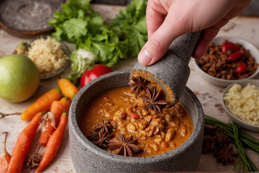 Star anise being added to mortar with lemongrass and galangal for Panang curry paste