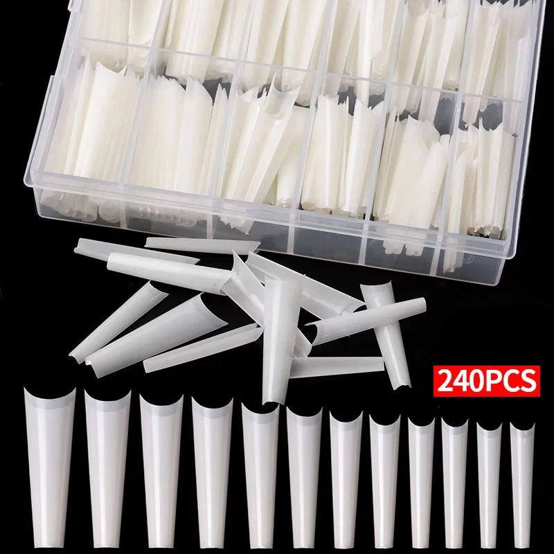 

Hot Selling 240pcs/box Coffin Tips XXL Long C Curved Half Cover Acrylic False Nails Tips, Clear natural