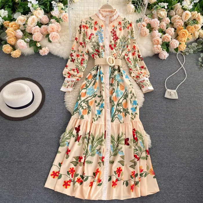 

LY1272 New European Vintage Chic Floral Print Sashes Slim waist Long Sleeve Dress Women Long Dresses Clothing