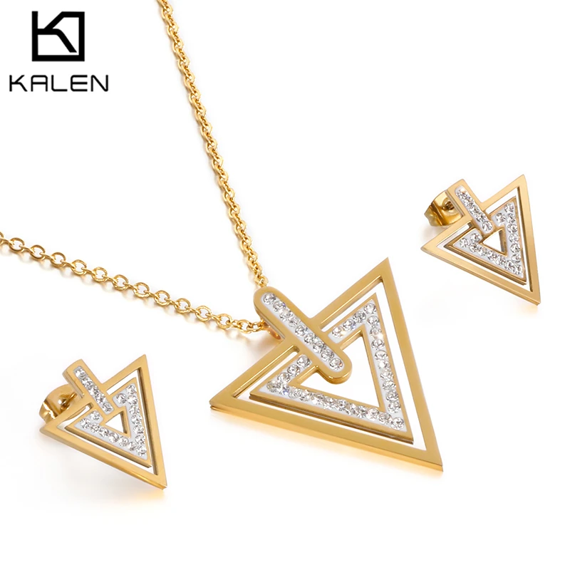 

Kalen Wholesale Triangle Zircon Necklace Earrings Sets Gold 18K Charm Stainless Steel Custom Jewelry Set For Women