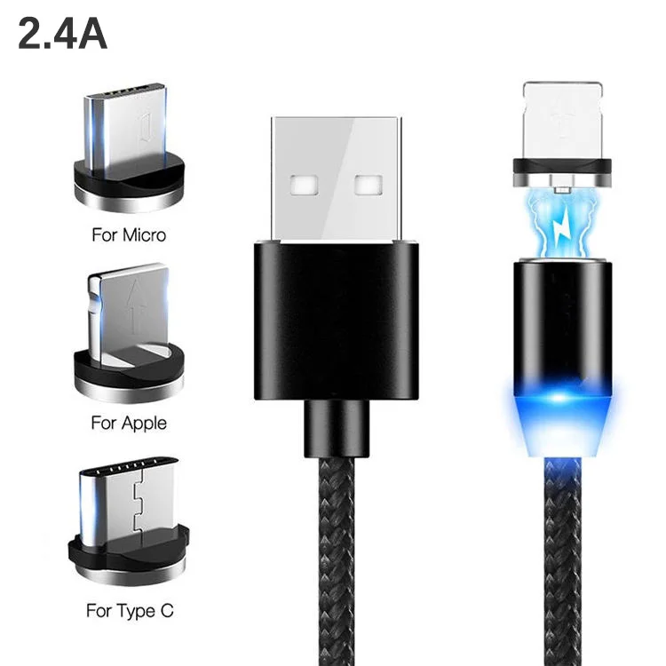 

Cable Magnetic 2.4A 1m 2m Fast Charging Phone Earpod Power Bank Led Light Braided Portable USB To Type-c Mirco Cable For Ios