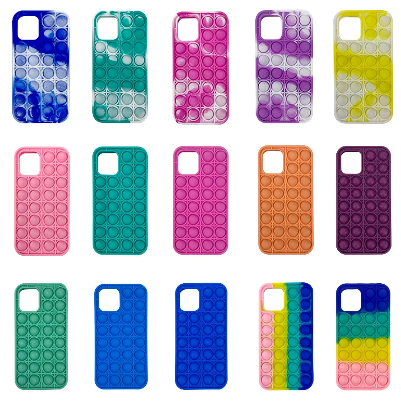 

Wholesale silicone mobile phone case rainbow soft push bubble pop fidget toys tie-dye anti-fall cover for iphone 12 mini pro max, 17 colors