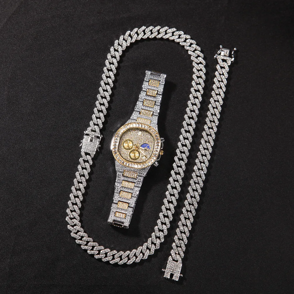 

2021 Hip Hop Jewelry Zinc Alloy Necklace In White Gold Ice Out CZ Crystal Necklace 12mm Miami Cuban Chain Bracelet Watch Set, Rhodium color/yellow gold color