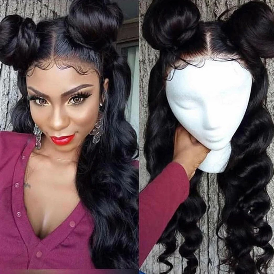 

Private Label Hot Sale Long Body Wave Synthetic Hair Wigs For Black Women 1B Cheap Lace Front Synthetic Hair Wigs Brazilian 13*6
