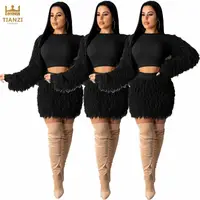 

PB8486 woman fashion long sleeve knit crop top and skirt 2 piece set