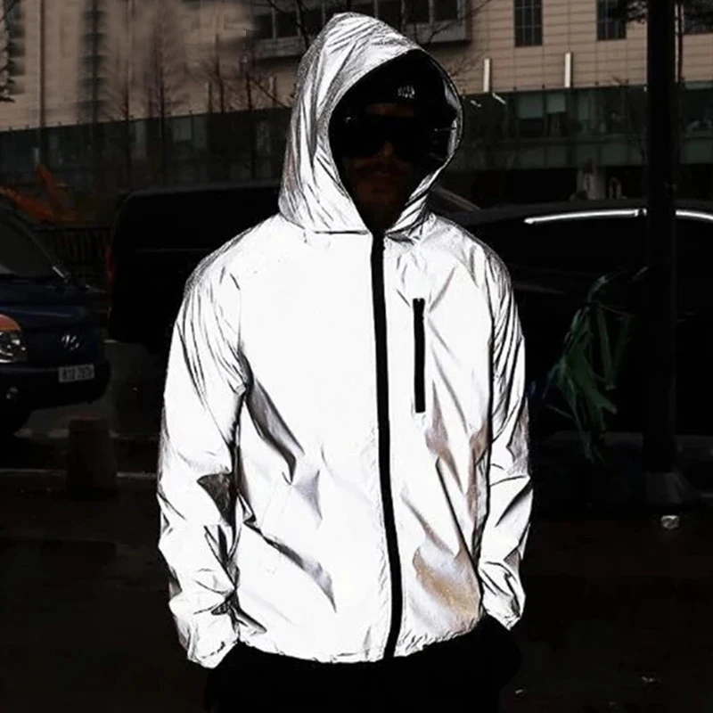 

New Streetwear Noctilucent Men Jackets Cycling Clothes reflective Windbreaker women waterproof Jacket hip hop Hooded Coat Unisex