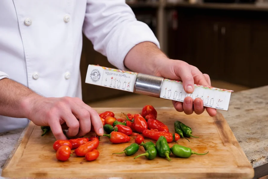 Chef carefully measuring chili peppers for cooking with Scoville scale reference chart visible in background