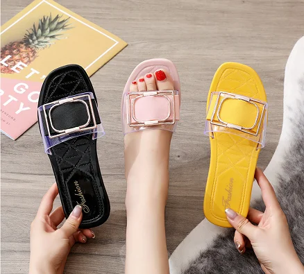 

2020 new design casual shoes women fashion wholesale pvc ladies flat designer slippers for women sandals, Yellow, green, black, pink