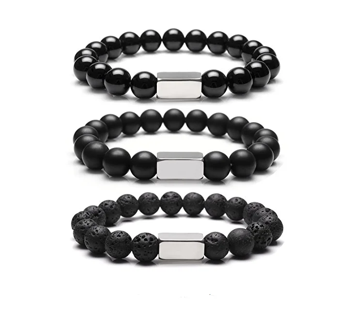 

Lava Stone Diffuser Stretch Bracelet Healing Balancing Natural Gemstone Chakra Beads Stainless Steel Silver ID Bracelet