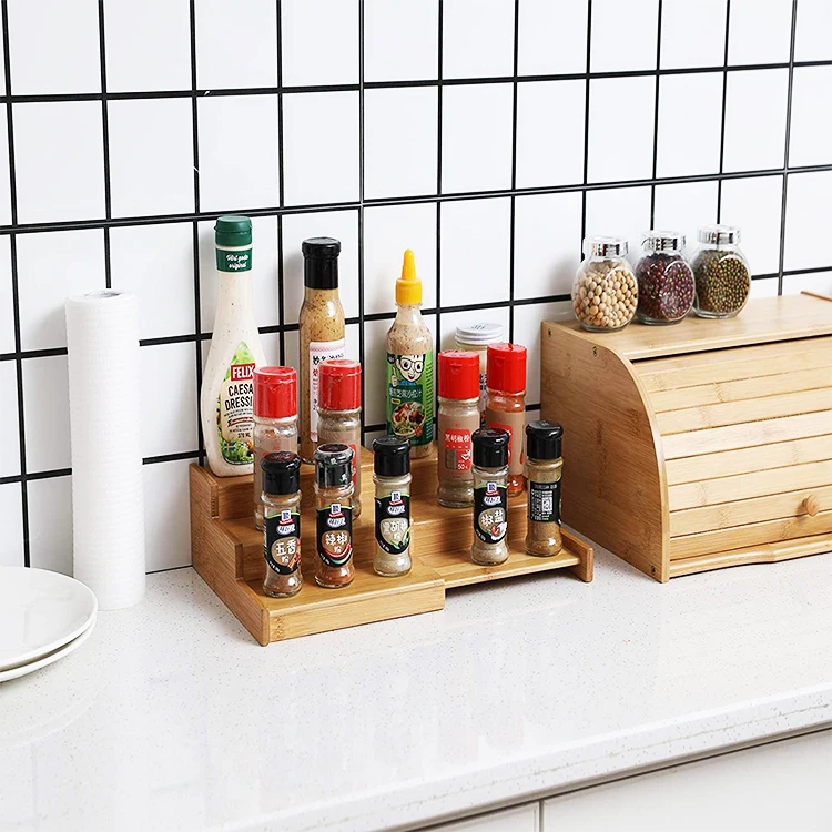 

2021 new arrivals kitche OEM expandable wooden holder organizer bamboo 3 tier spice rack for countertop cabinet, Natural