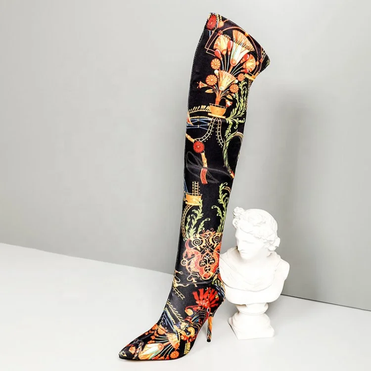 

Skintight Floral Print Sexy Women Over Knee High Boots Thigh High Slip-on Boots for Women Big Size 45 Med Thin Heel Long Booties, Black,green,blue,floral