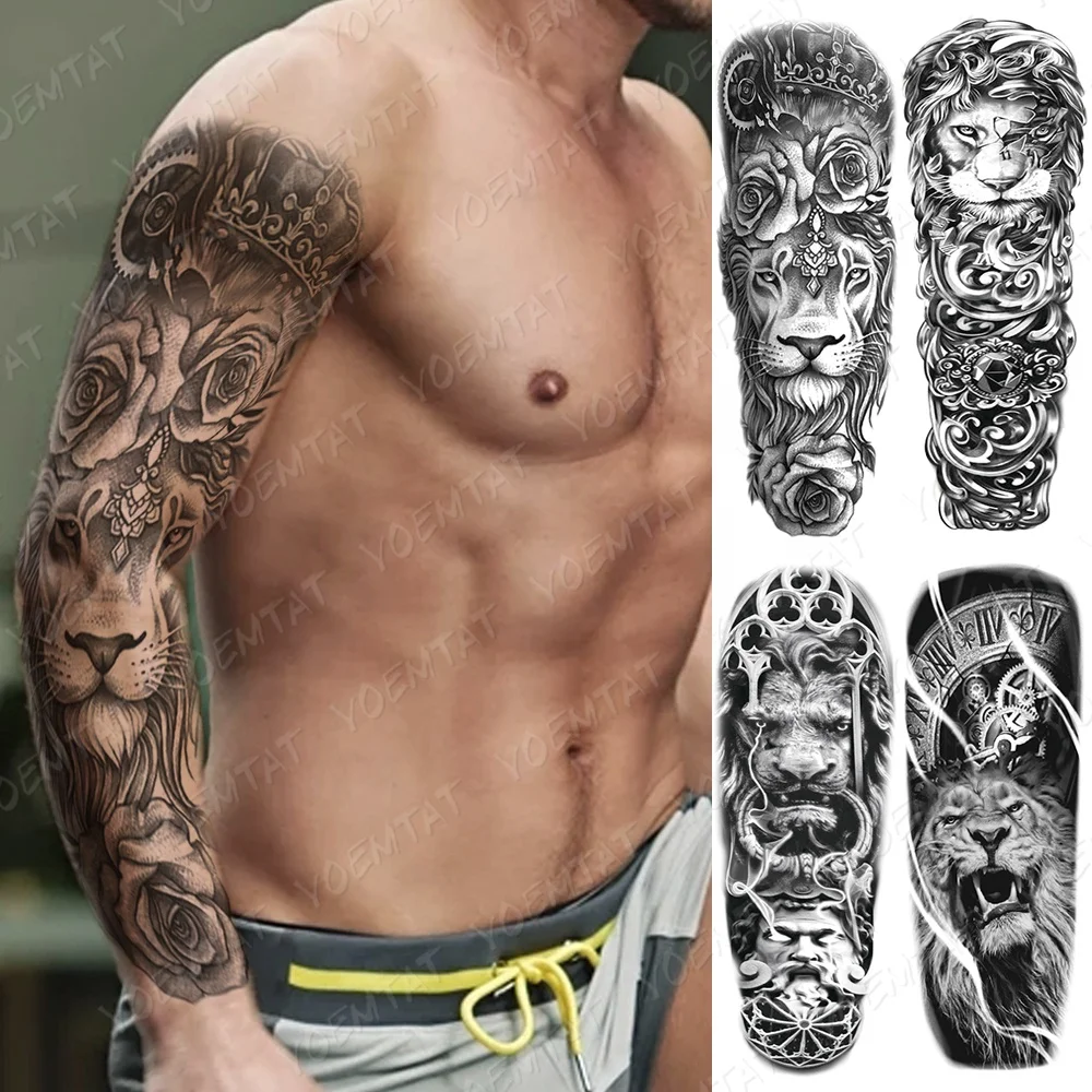 

High Quality Handsome Lion Body Art Full Arm Temporary Tattoo Sticker Sleeve For Man, Cmyk