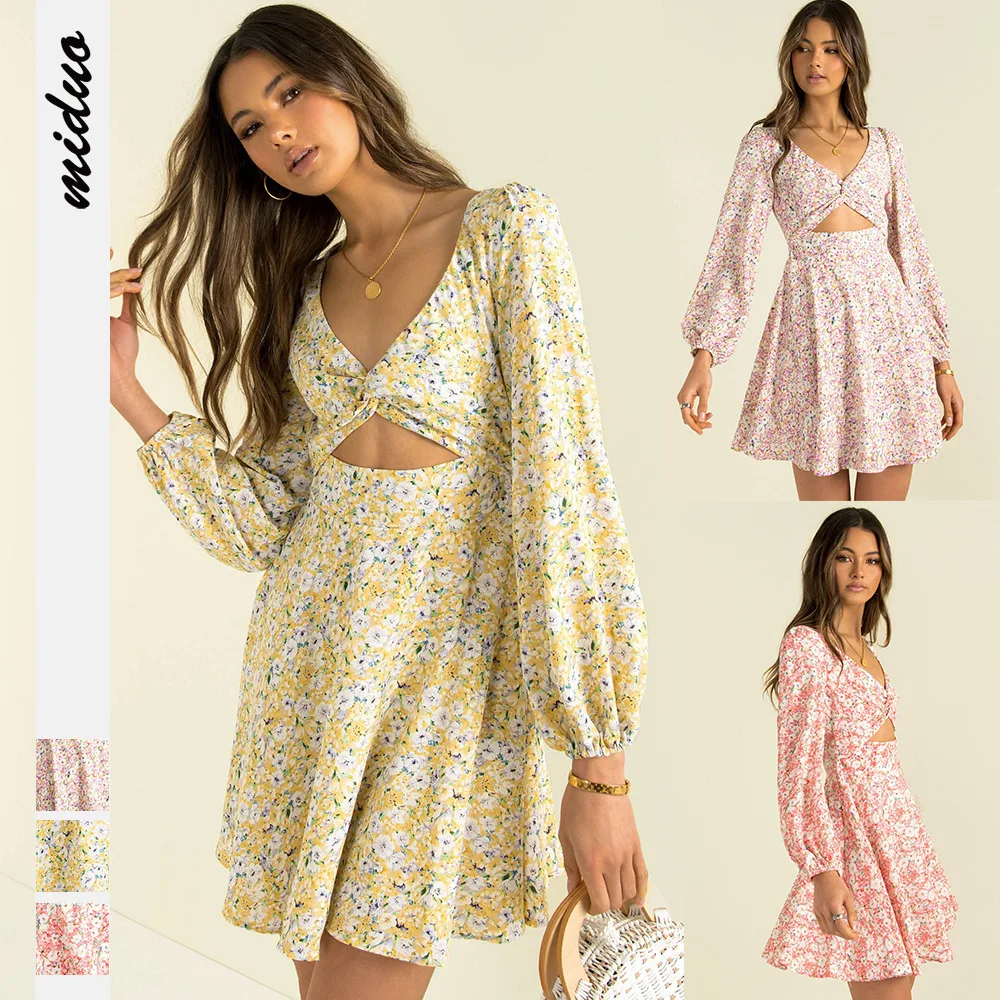 

Wangmu 2021 fashions women floral print dress long sleeve v-neck women casuals plussize clothing women, Picture color