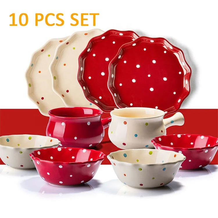 

10 Pcs Set Hand Painted Bright Colored Pots Bowls Plates Ceramic Tableware Set Dinnerware Gift Dinner Dinnerware Set, Red/yellow/green/white/brown