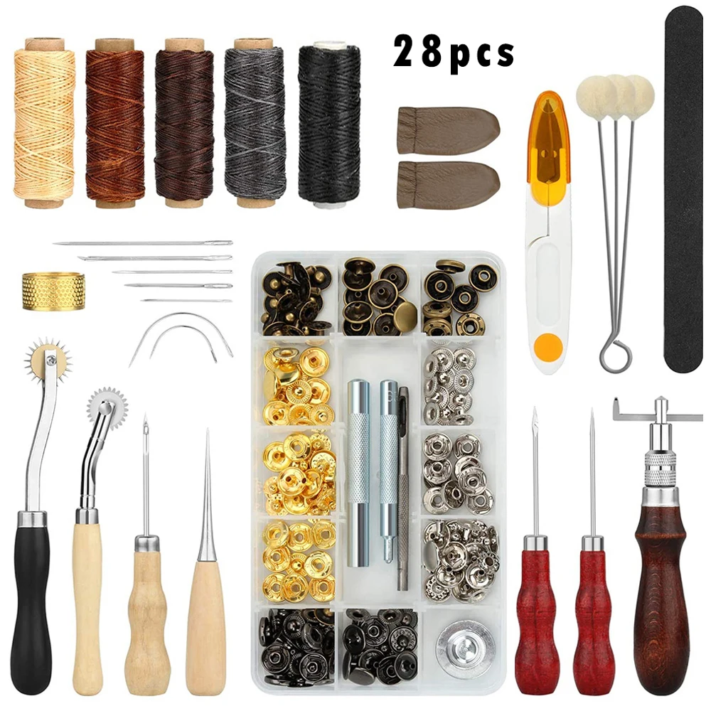 

28pcs Leather Craft Tools Kit Hand Stitching Tools Punch Carving Work Saddle Snap Button Tools Set Groover Punch Fasteners Kit -