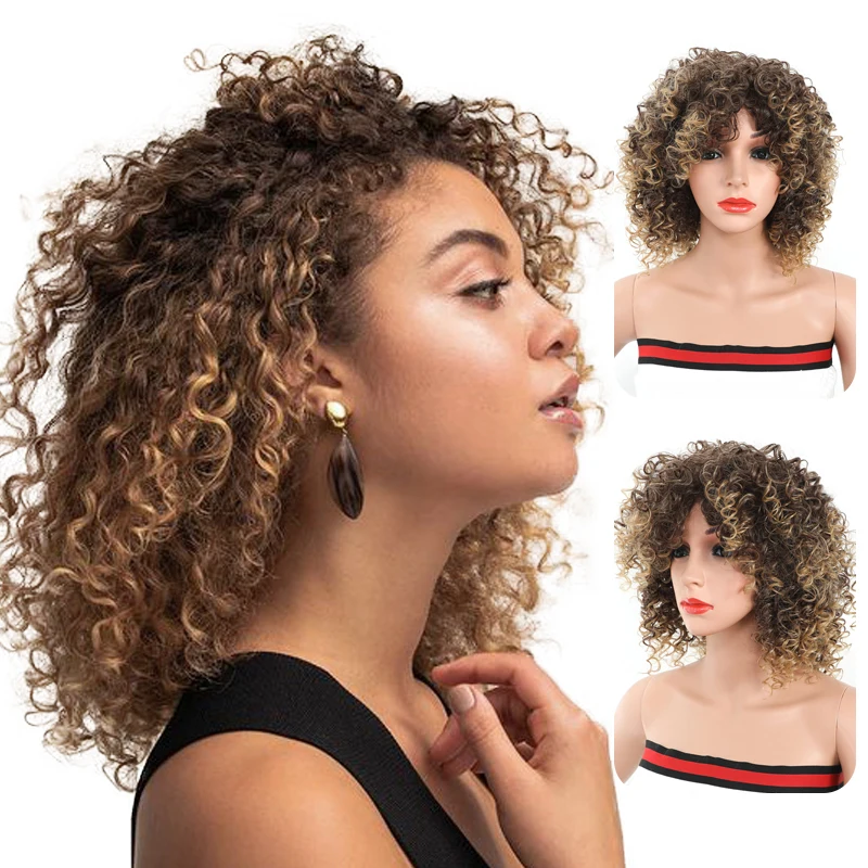 

Headband Wig Afro American Wigs Blonde Synthetic Heat Resistant Wigs with Bangs for Black Mixed Short Kinky Curly Women Brown, Optional