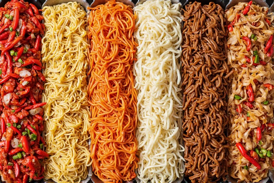 Variety of noodle types arranged next to chili ingredients for pairing demonstration