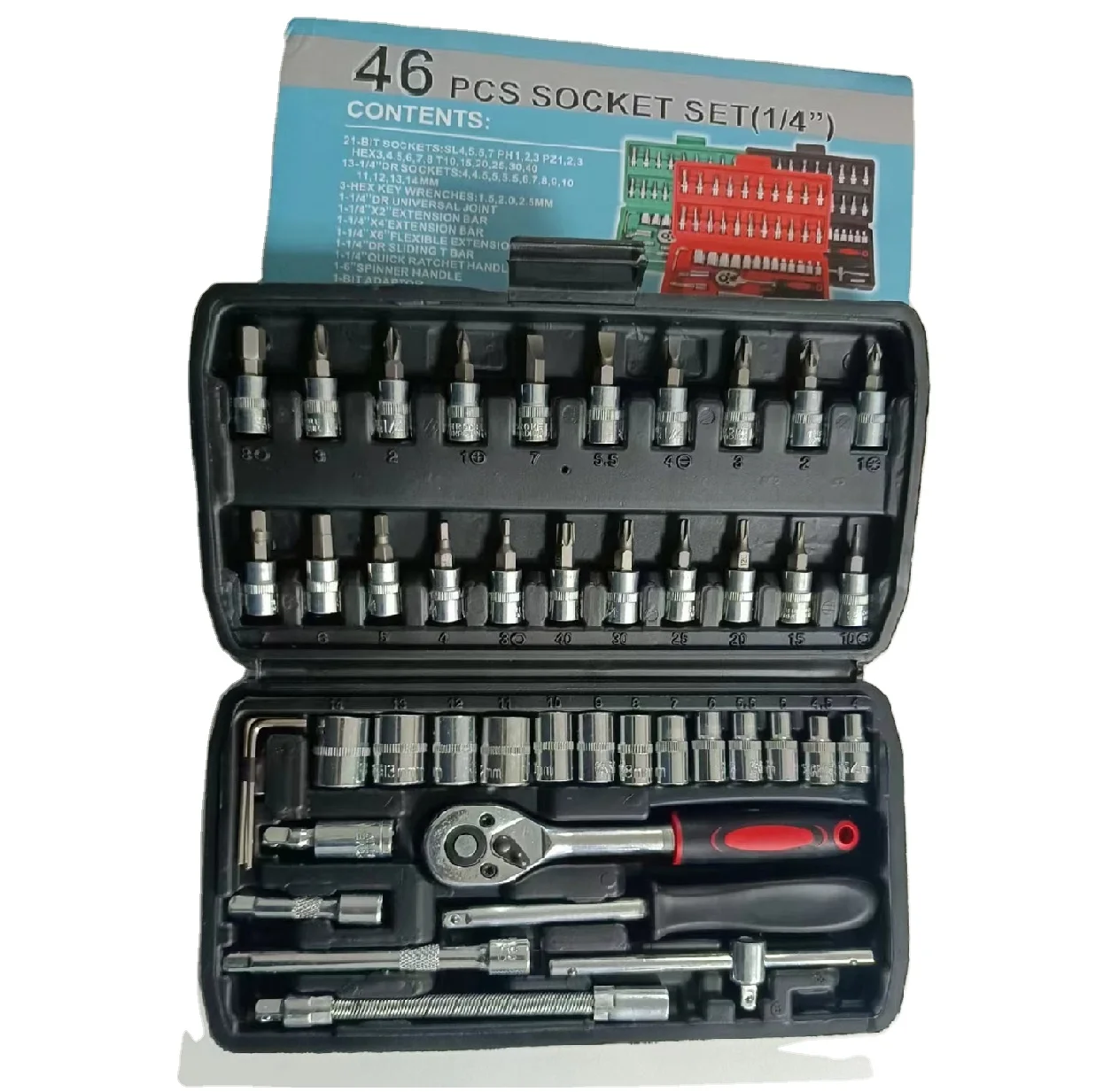 

46 pieces 1/4 inch hand auto repair general hand tool kit with plastic tool box auto car repair tool kit