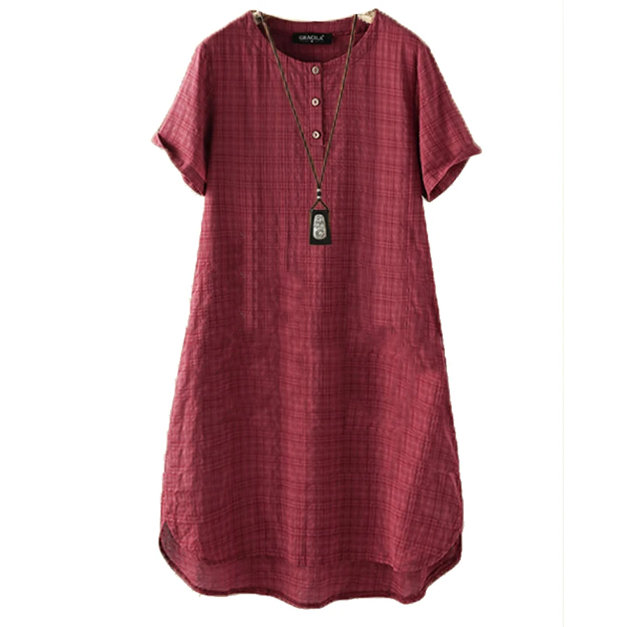 

Cotton and Linen Short Sleeve Round Neck Check Large Size Medium Dress for Women