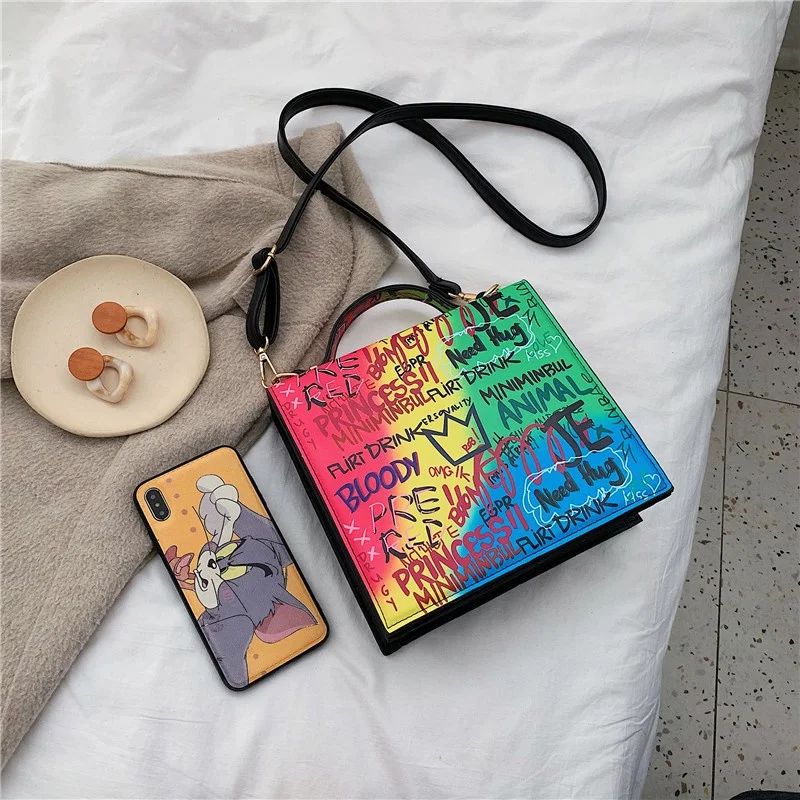 

china factory handbag graffiti bags rainbow mini purse bag women fashion tote handbags crossbody, Colofrul