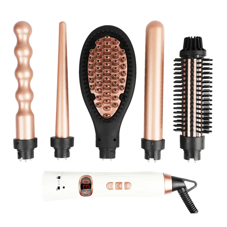 

2021 Multi-function Professional 5 in1 Curling Wand Set Salon Interchangeable Ceramic Barrels and Curling Iron Brush Hair Curler, Customized