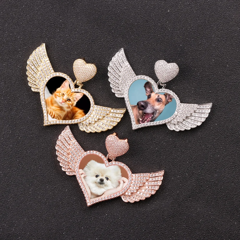 New Gold Plated Hip Hop Photo Pendant Iced Out Bling Zircon Heart Wings Design Memory Blank Pictures Frame Necklaces Made Brass