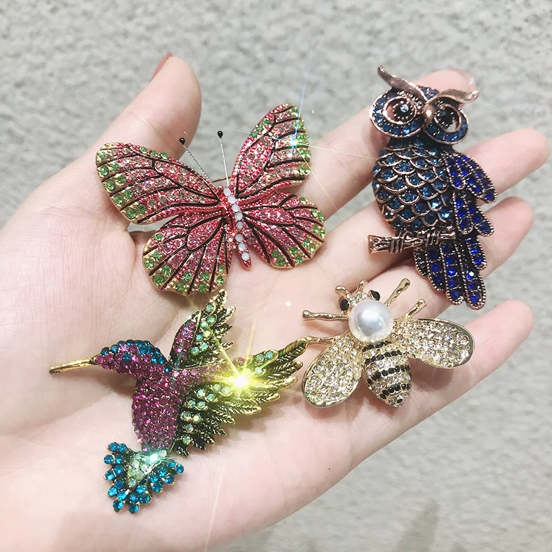 

JAENONES Wholesale Fashion Vintage Crystal Brooch Set Dragonfly Butterfly Owl Bee Elephant Rhinestone Animal Brooches