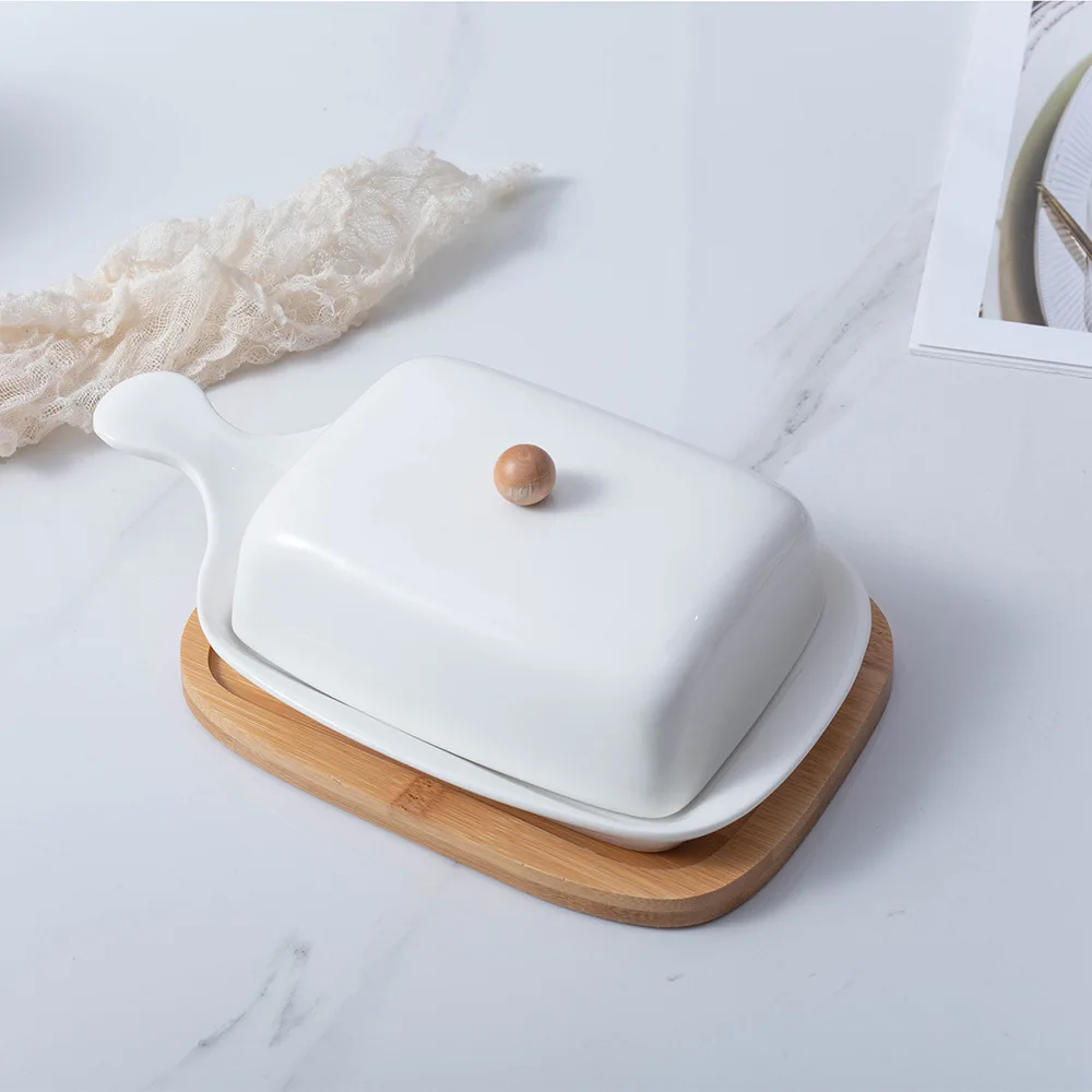 

White Deluxe Rectangular Ceramic Butter Dish With Handle Bamboo And Wood Tray Ceramic Dish Butter Dish Cover