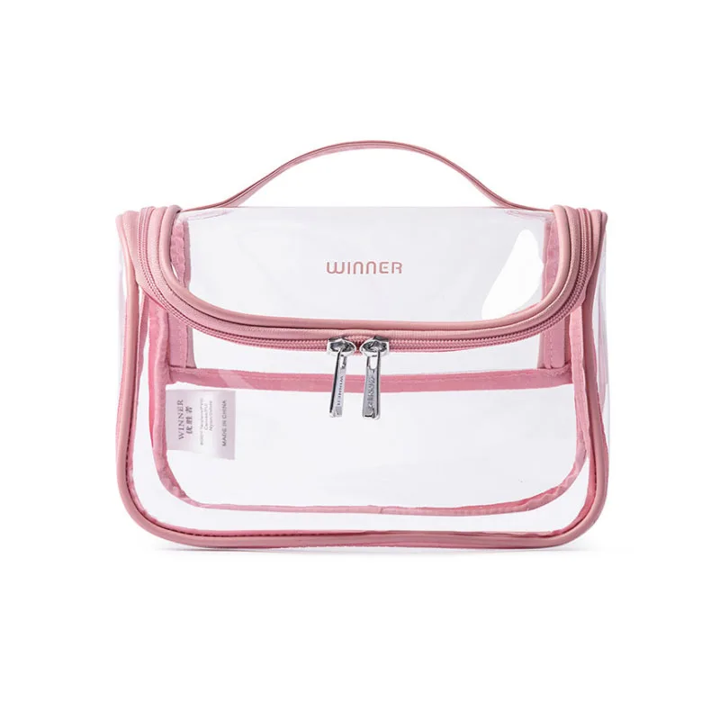 

Pink Clear Makeup Organizer Pouches Travel Toiletry Bags Transparent PVC Cosmetic Bag With Handle