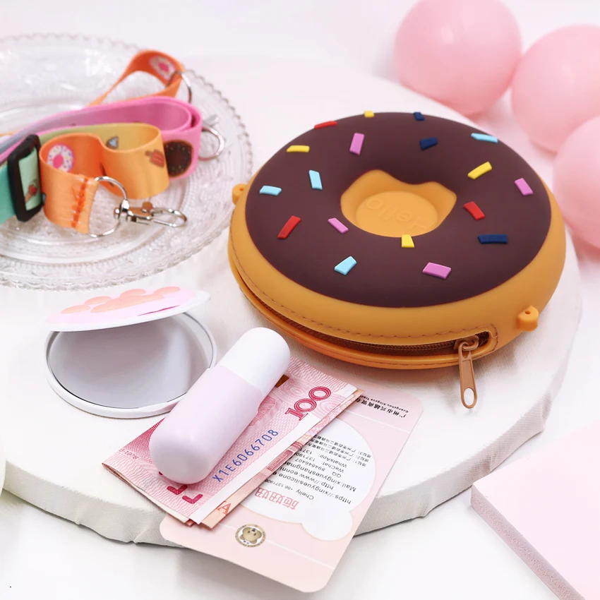 

Waterproof cute cartoon doughnut soft silicone wallet wallet zero purse with Straddle shoulder strap, Multiple colors