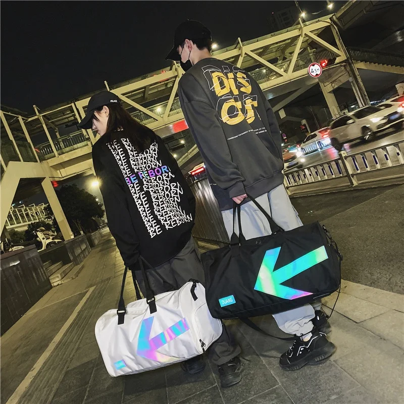 

Holographic Reflective Arrow Logo Overnight Durable Sport Gym Duffel Travel Bag with Shoes Compartment Dry Wet Separate Pocket