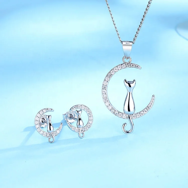 

Real Silver 925 Mysterious Cat on the Moon Pendant and Earrings Jewelry Set for Women