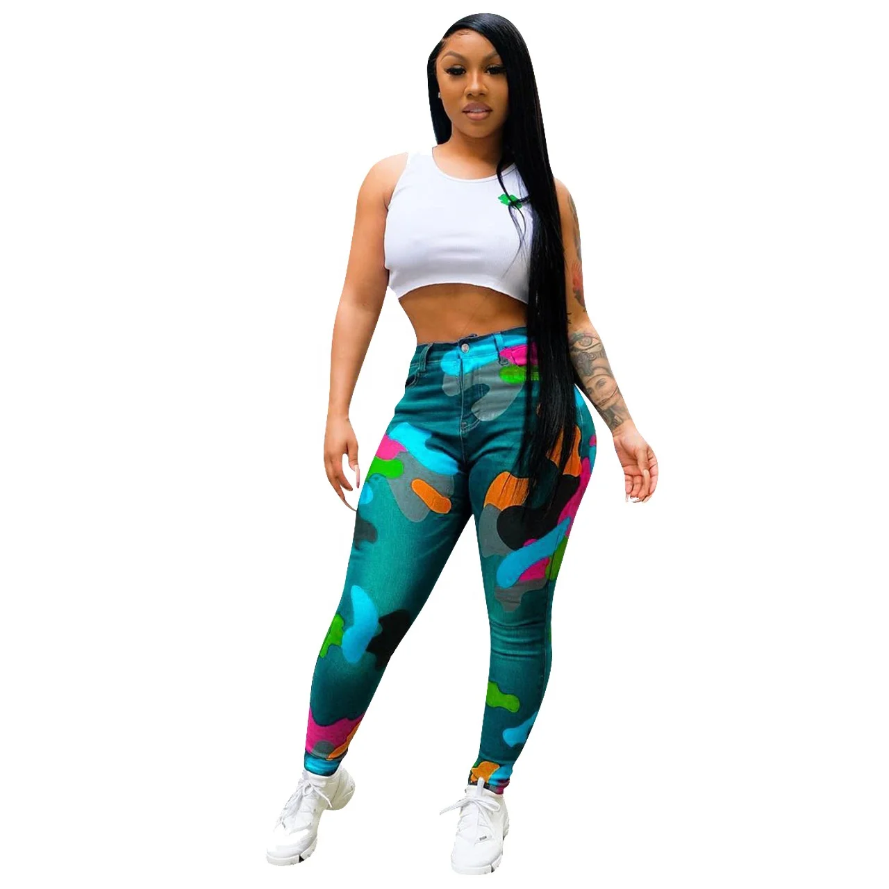 

Good Stretch Street Color Block Stacked Printed Pants with Pockets Satin Women's Pants & Trousers