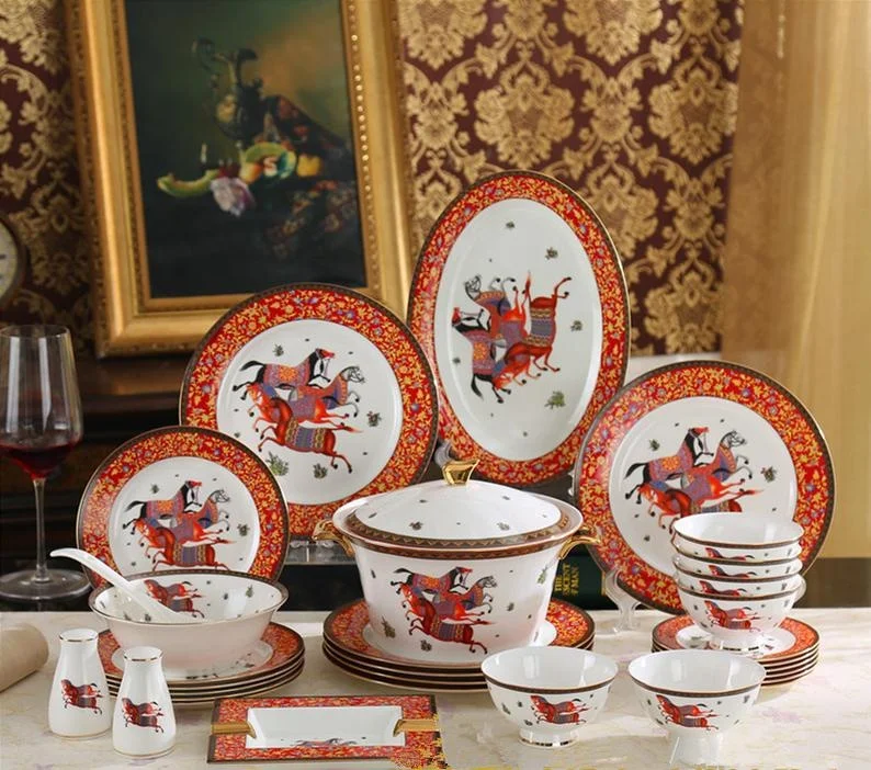 

Wholesale 58 Pcs European Luxury Red Horses Dining Room Home Decors Porcelain Dinnerware Sets, Decoration with liquid gold